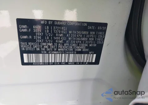 2020 Subaru Ascent Touring z USA, uszkodzony, nr VIN 4S4WMARD1L3466819